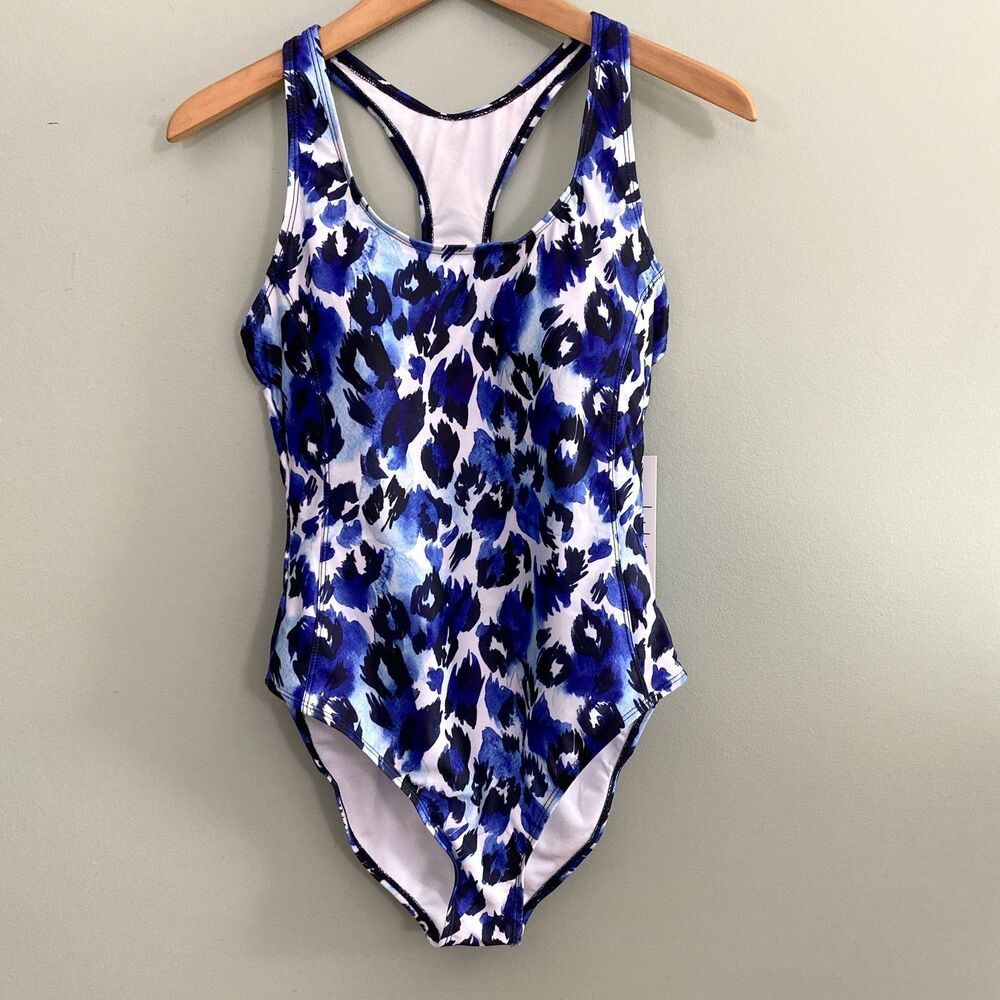 Nicole Miller Racerback One Piece Bathing Swim Suit Womens Medium Blue Floral